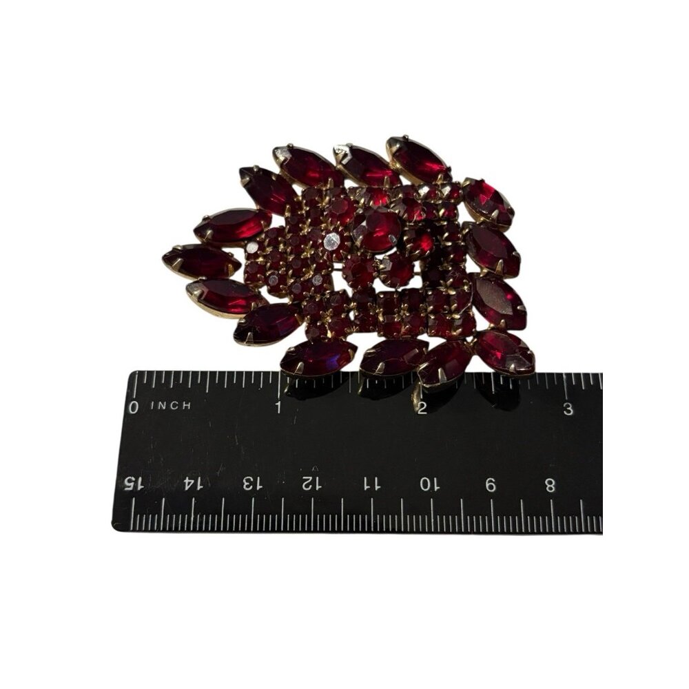 VTG Red Brooch Pin Navette and Round Rhinestone Gold Tone Large Statement Chunky - Picture 14 of 16